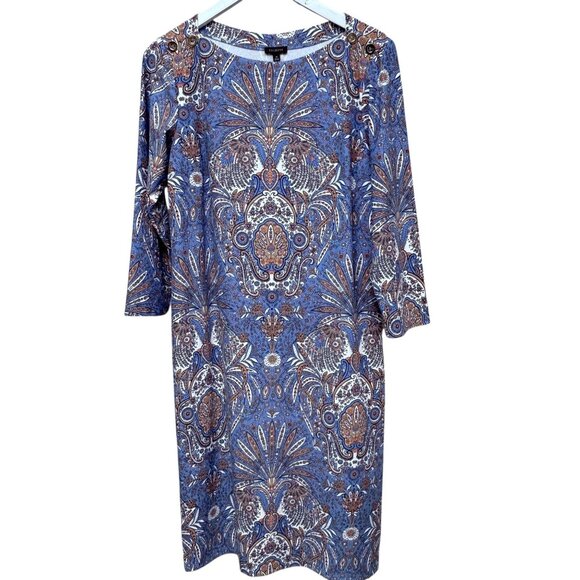 TALBOTS Effortless Jersey Shift Dress Medium Baroque Paisley Blue Stretch - Picture 1 of 10
